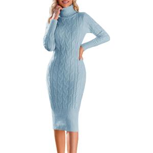 Fangetey Womens Long Sleeve Turtleneck Sweater Dresses Knitted Bodycon Midi Sheath Jumper Dresses (Blue)