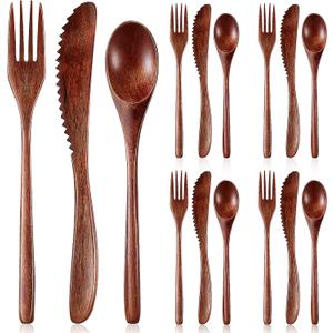 Geiserailie 12 Pcs Wooden Utensils for Eating Wooden Spoon Fork Knife Cutlery Set Kitchen Wood Dinner Flatware Tableware Set Includes Spoon, Fork, Knife