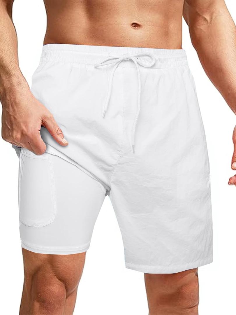 Mens Swimsuit Trunks 7" Quick Dry Swim Shorts with Compression Liner and Zipper Pockets (White, XL)