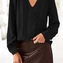 Dowerme Womens Tops 2026 Spring V Neck T-Shirts Long Sleeve Shirts Lace Crochet Work Blouses Dressy Casual Loose Tunics (Black, S)