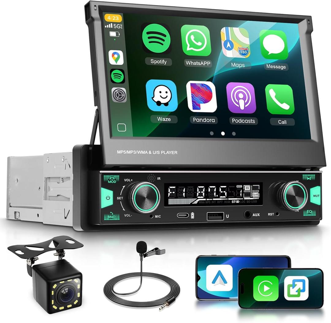 Single Din Flip Out Touchscreen Radio with AM/FM/RDS Wireless Carplay & Android Auto, Sellrich 7" Single Din Flip Out Touchscreen Car Stereo with BT SWC Backup Camera Mirror Link USB/AUX/Type-C