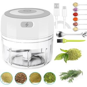 Electric Herb Grinder with Mini Scoop & Brush - 3.5-Inch 3.4oz USB Cordless, Adjustable Coarse to Fine Grind for Spices/Garlic/Herbs - Waterproof Portable Food Chopper (White)