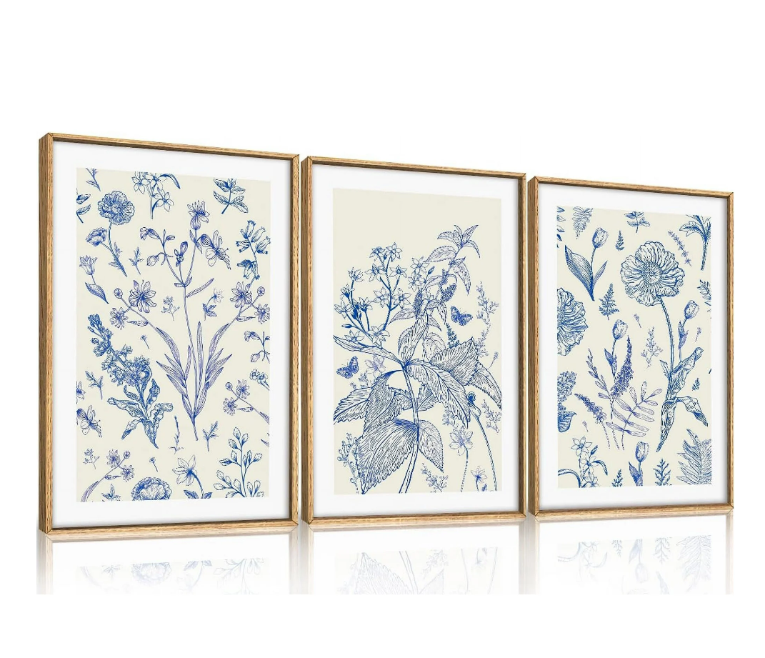 Classic Chinoiserie Framed Canvas Wall Art Set, Blue Watercolor Flower Wall Decor, Blue and White Plant Wall Painting, Minimalist Floral Art Print for Living Room, Bedroom, Office - 16"×24"×3