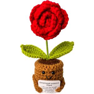 Emotional Support Crochet Rose Handmade Soft Wool Plush Flower with Positive Message Desk Decor Gift for Women Friends Teachers Birthday Christmas Valentine's Day Present (Resilience Rose) (Red)