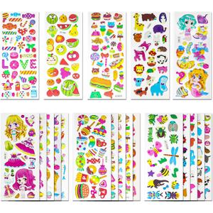 Meafeng 3D Stickers for Kids & Toddlers 24 Sheets 530+ Puffy Stickers Variety Pack with Animals, Candy, Fruits, Hamburger, Insect & More for Scrapbooking, Bullet Journals & Crafts