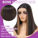 Honey Blonde Highlight Brown Bob Wig Synthetic Lace Front T part Straight Bob Wig Shoulder Length Chocolate Brown Short Bob Lace Front Wig for Women Daily Party Chiristmas(HL Brown-14 Inches)