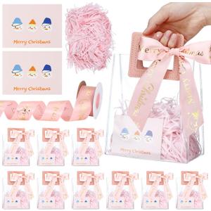 Wesnoy 12 Pack Small Christmas PVC Clear Gift Bags with Handles Christmas Gift Bags 12 Cards 1 Ribbon 1 Bag of Raffia Fill Paper for Xmas Gifts Wrapping Holiday Party Favor, 7 x 6.3 x 3.15''(Pink)