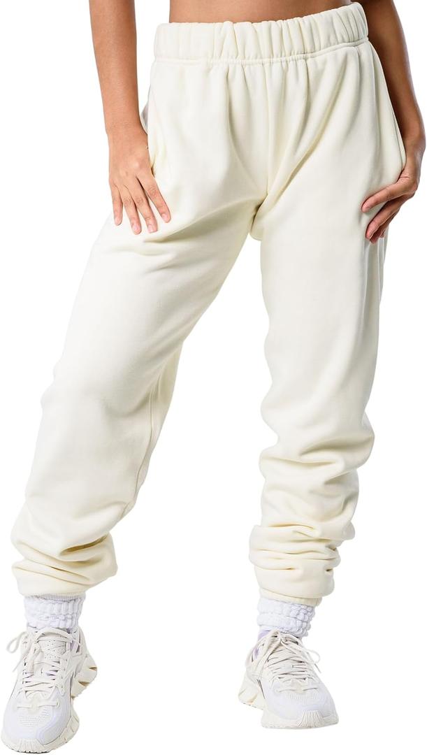 Kamo Fitness CozyTec High-Waisted Sweatpants for Women Baggy: Comfy Lounge Pants with Pockets Crafted from Soft Thick Fleece (Beige, S)