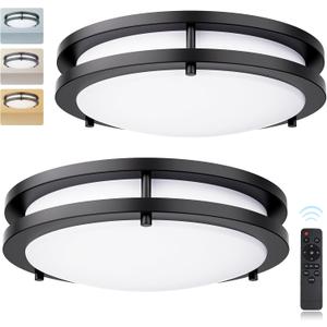 Kalium LED Ceiling Light with Remote 2 Pack 13 Inch Flush Mount Ceiling Light Fixture,24W 3000K-6000K Adjustable Color Temperature,Dimmable Lighting Fixtures for Kitchen Bedroom Hardwired Installation (2Pack Matte Black)