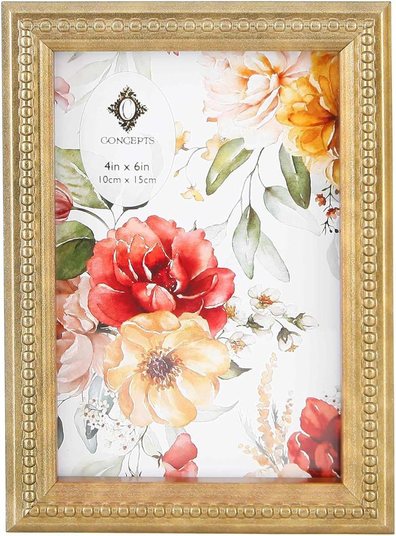 Concepts 4x6 Gold Ornate Beaded Resin Picture Frames With HD Clear Glass, Extra Durable Photo Frames - Display Wallhung/Tabletop Vertically Or horizontally