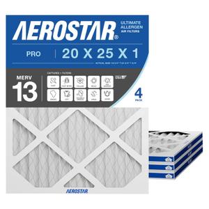 Aerostar 20x25x1 MERV 13 - 4 Count - Pleated HVAC, Furnace & Air Conditioner Filters - Removes Bacteria, Dust, Cold & Flu Germs, Lint, Mold, Pet Dander, Allergy-Causing Pollen, Smog, Smoke & Viruses