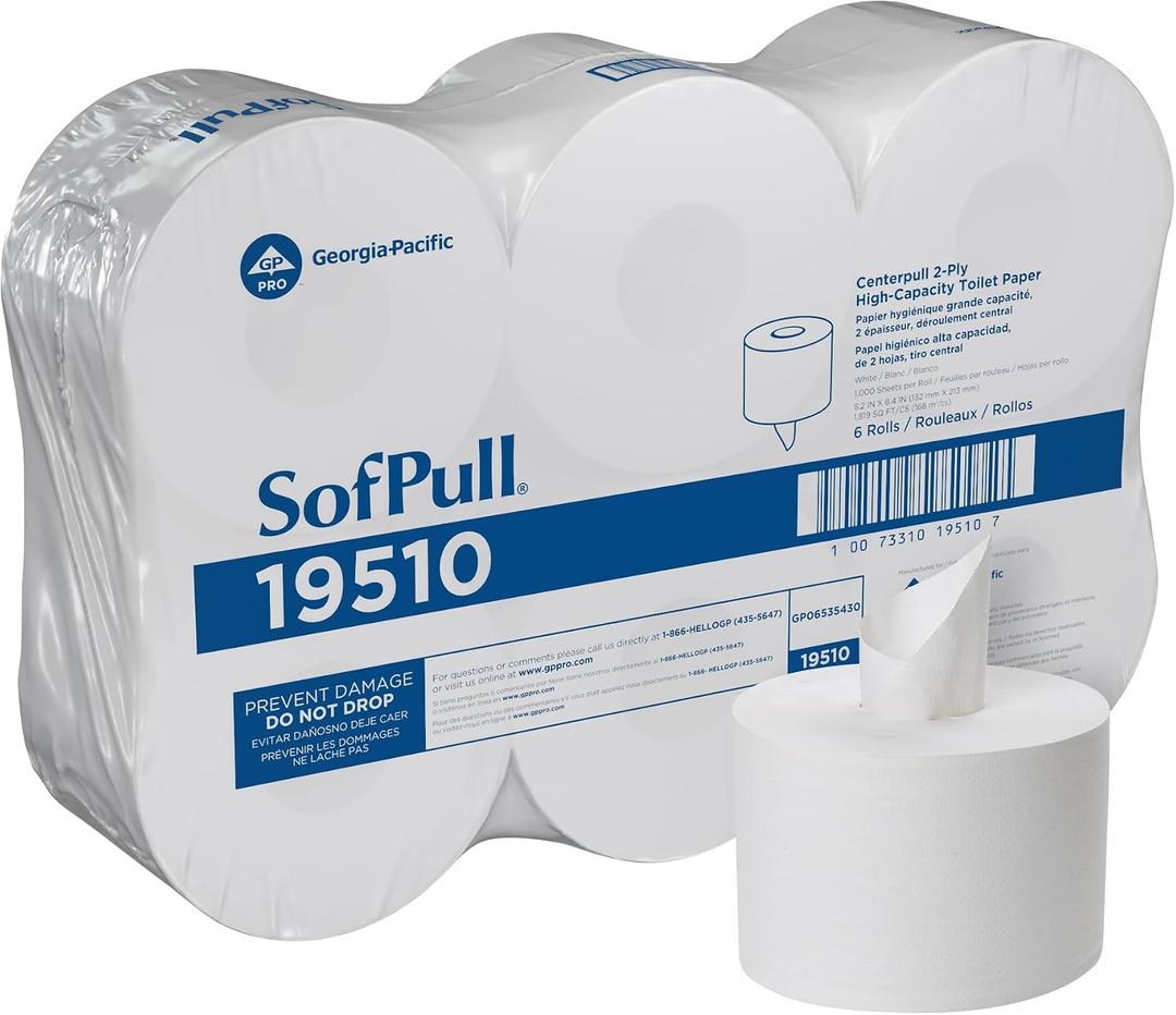 Georgia Pacific SofPull 19510 Centerpull 2-Ply High Capacity Toilet Paper, 1000 Sheets Per Roll, 6 Rolls Per Case, White, Regular