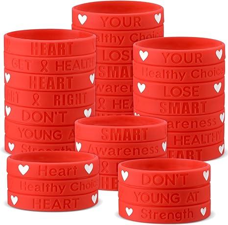 PullCrease 200 Pcs Heart Health Awareness Wristband Red Silicone Rubber Bracelets 10 Styles with Inspirational Sayings for Heart Disease Health Month Campaign Support