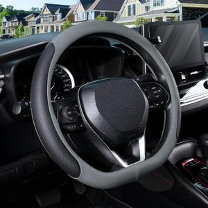 SEG Direct D Shaped Steering Wheel Cover for 14.5-15 inch Flat Bottom Wheels, Breathable Perforated Microfiber Leather, Anti-Slip Grip, Universal Fit for Cars & SUVs, Black and Gray