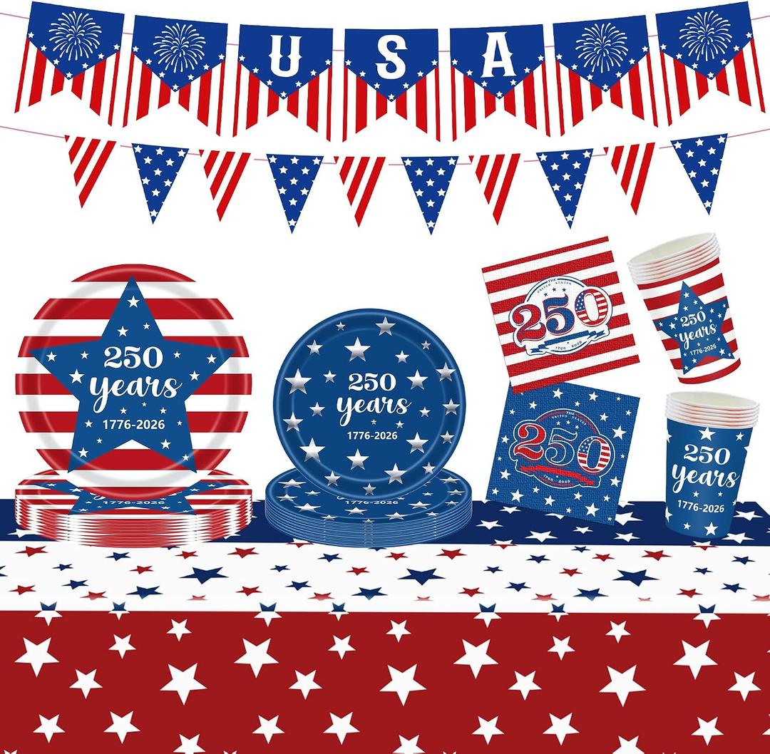 4th of July Party Supplies, American 250th Anniversary Patriotic Party Kit for Independence Day, Memorial Day, Plates, Napkins, Cups, Banner for 4th of July Decorations (American)