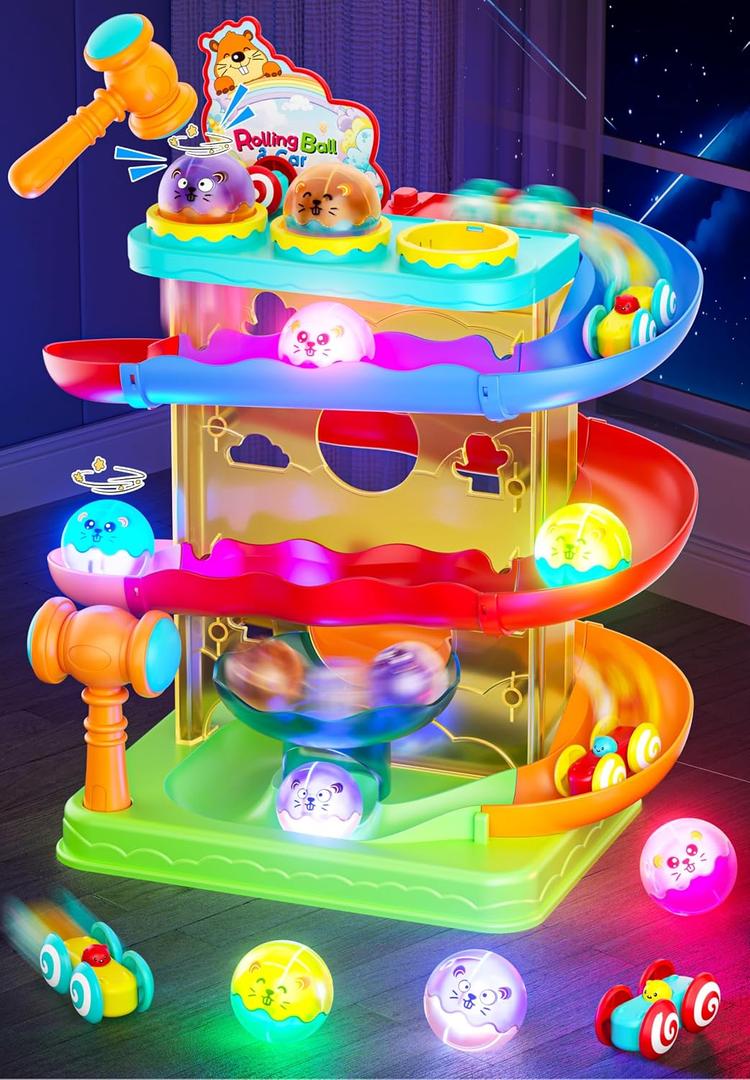 2-in-1 Rolling Ball & Car Ramp Race Track for Toddlers, Hammer Ball Drop Toy for Boys & Girls, Interactive Playset w/Sensor Lights - Montessori STEM Learning Toys for Kids 1-5+ Year Old