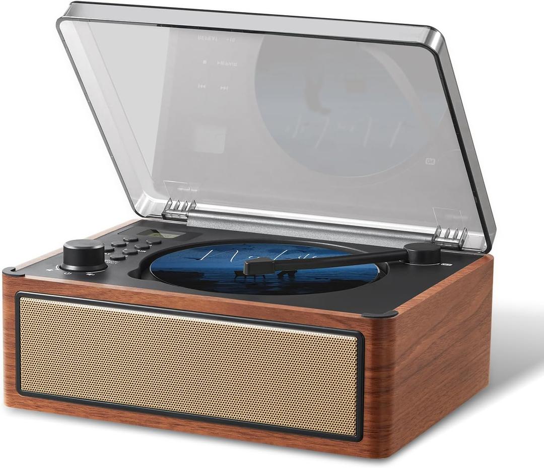 G Keni Retro CD Player Boombox, Dual HiFi Speakers with Bluetooth in/Out, Vintage Wooden Battery Powered Portable CD Player for Home, AUX/USB Playback, FM Radio Music Player (Brown)