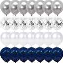 Navy Blue and Silver Confetti Balloons 50 pcs, 12 inch White Pearl and Silver Metallic Chrome Party Balloons for 2026 Graduation Party Decorations