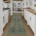 DUIDY 2x10 Hallway Washable Runner Rug Vintage Green Boho Extra Long Runners for Kitchen, Bathroom, Distressed Floral Floor Mat Non-Slip Farmhouse Carpet