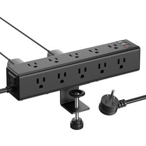 CCCEI Standing Desk Clamp Power Strip with 15 Outlets, Black Desktop Edge Mount Surge Protector Outlet, Fast Charging USB-A and 65W USB-C Ports, 6 FT Flat Plug, Black Fit 1.6 inch Table top.