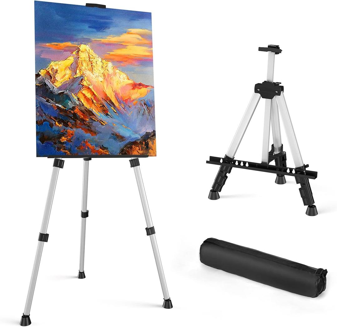 Art Painting Display Easel Stand - Portable Adjustable Aluminum Metal Tripod Artist Easel with Bag, Height from 17" to 66", Extra Sturdy for Table-Top/Floor Painting, Drawing, and Displaying, Silver