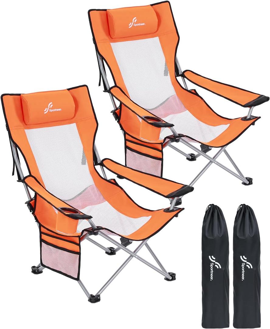 Sportneer Beach Chair: Adjustable Folding Chair with Cup Holder & Side Pocket - Portable & Compact Beach Chairs for Adults with Reclining Positions for Camping Picnic and Outdoor, Orange 2 Pack