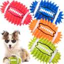 4.3 Dog Squeaky Football Toys 4 Pack, Interactive and Durable Spiky Dog Balls for Medium Large Dogs with Rugby Shape, Built-in Squeaker for Teeth Cleaning and Training
