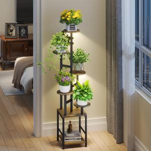 Plant Stand Indoor with Grow Light,6-Tiered Tall Plant Stand Indoor, Metal Plant Shelf with Adjustable Light, Ideal for Living Room, Garden, Patio (Black Brown)