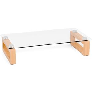 YEOUX Multi-Purpose Desktop Stand, Clear Floating Computer Monitor Riser with Natural Wood Base, Desk Organization Shelf for Printer, Laptop, Audio Device, Flat Screen