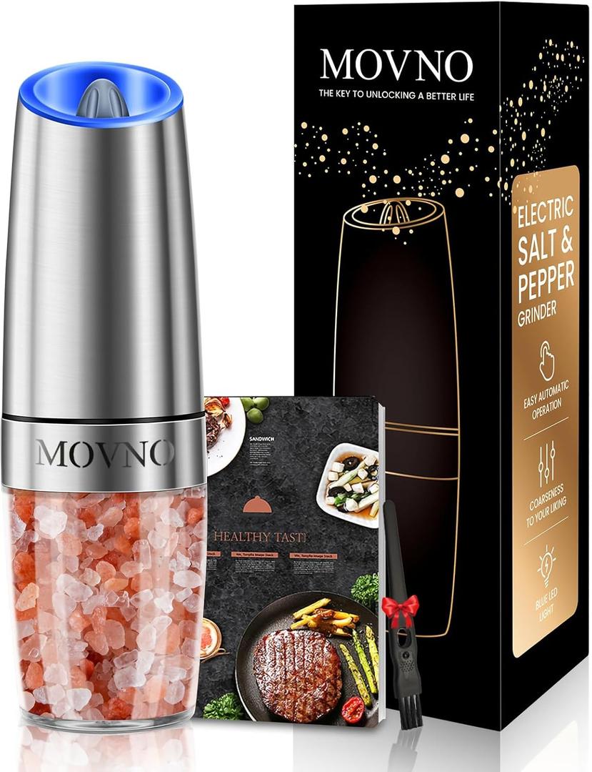 Gravity Electric Salt and Pepper Grinder Set, Battery Powered LED Light One Hand Automatic Operation, Adjustable Coarseness Mill Grinders Shakers Black (G.Silver 1p)
