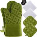 KEGOUU Oven Mitts and Pot Holders 6pcs Set, Kitchen Oven Glove High Heat Resistant 500 Degree Extra Long Oven Mitts and Potholder with Non-Slip Silicone Surface for Cooking (Olive Drab)