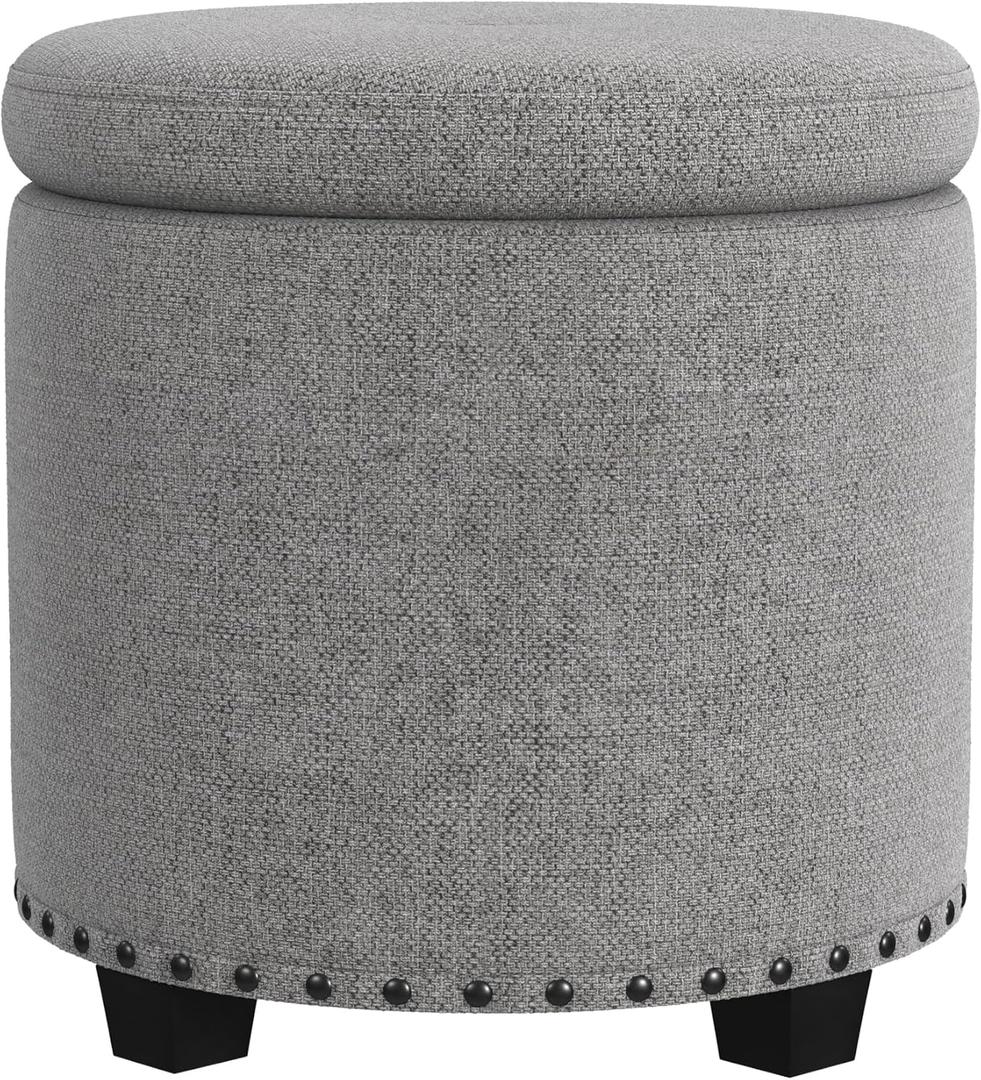 Homepop Home Decor | Upholstered Round Storage Ottoman with Nailheads| Ottoman with Storage for Living Room & Bedroom, Grey Woven