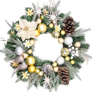 Christmas Wreaths for Front Door, 24 Inch Winter Wreath with Flocked Norfolk, Gold Silver Star Ball Ornaments, Pinecone, Poinsettias, Christmas Door Decorations, Holiday Wreath Xmas Indoor Outdoor