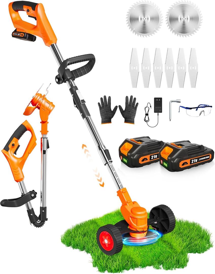 21V Cordless Weed Wacker, Electric Weed Eater Battery Powered, Lightweight Weed Trimmer with 2 Batteries, 3 in 1 Grass Trimmer/Brush Cutter/Edger Lawn Mower with 2 Types Blade & Wheels for Garden Yard (Orange)