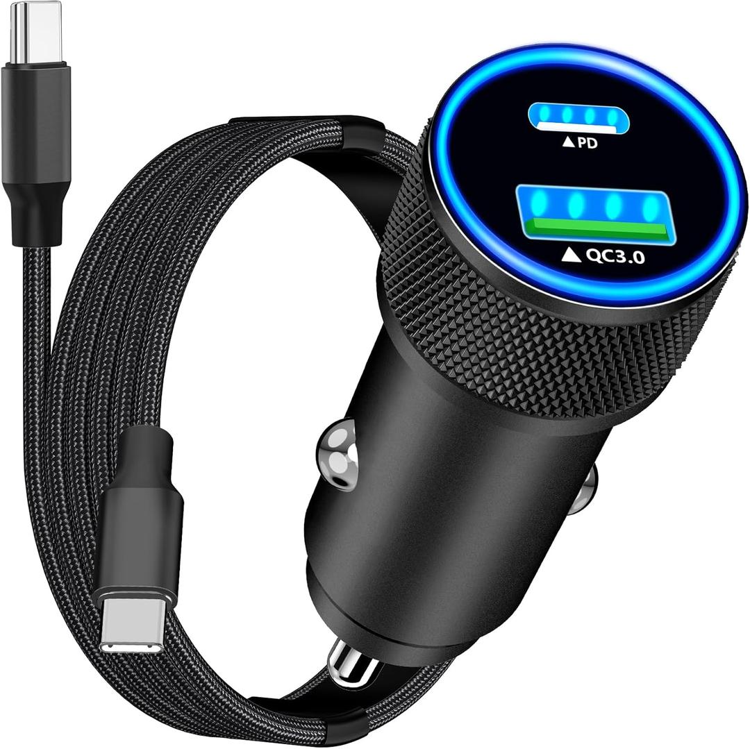 【Apple MFi Certified】iPhone 16 Car Charger, Rombica 52.5W PD/QC Car Power Cigarette Lighter Adapter USB C Fast Charging with Type-C Braided Cord for iPhone 16/16 Pro Max/15/15 Pro/Galaxy S25/S24/Pixel