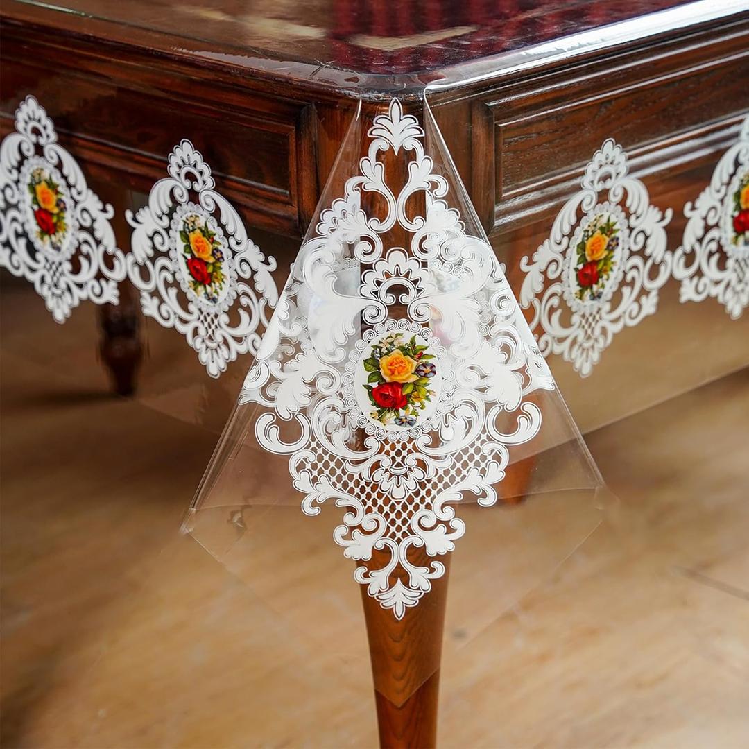 ARTABLE Clear Table Cloth Protector Vinyl PVC Rectangle with Floral Print Pattern Oil Proof Wipe-able Plastic Tablecloths for Dining Tables Parties Holidays (Lace-1, 120" x 60" (Rectangular))