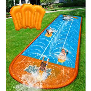 Spring Water Slip and Water Slide for Kids Backyard, 17ft*3 Racing Lanes Slip Water Slides with Sprinkler for Age 5-8 8-12, Summer Outdoor Water Toy with 3 Inflatable Bodyboards