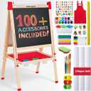Blue Squid Art Easel for Kids with Paper Roll x 3, Includes 100+ Accessories, Double Sided Adjustable Wooden Painting Easel with Magnetic Chalk Board, White Board for Toddlers Ages 3,4,5,6,7,8,9,10,12
