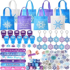 Winrayk 98Pcs Frozen Party Favors Birthday Supplies, Non Woven Tote Bag Stamper Snowflake Keychain Sticker Slap Bracelet, Pinata Filler Goodie Stuffer Classroom Prizes Kids Girls Winter Frozen Decor