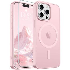 SUPFINE Magnetic for iPhone 15 Pro Case with Screen Protector (Compatible with MagSafe) (Military Grade Drop Protection) Translucent Matte Shockproof Phone Cover,Light Pink