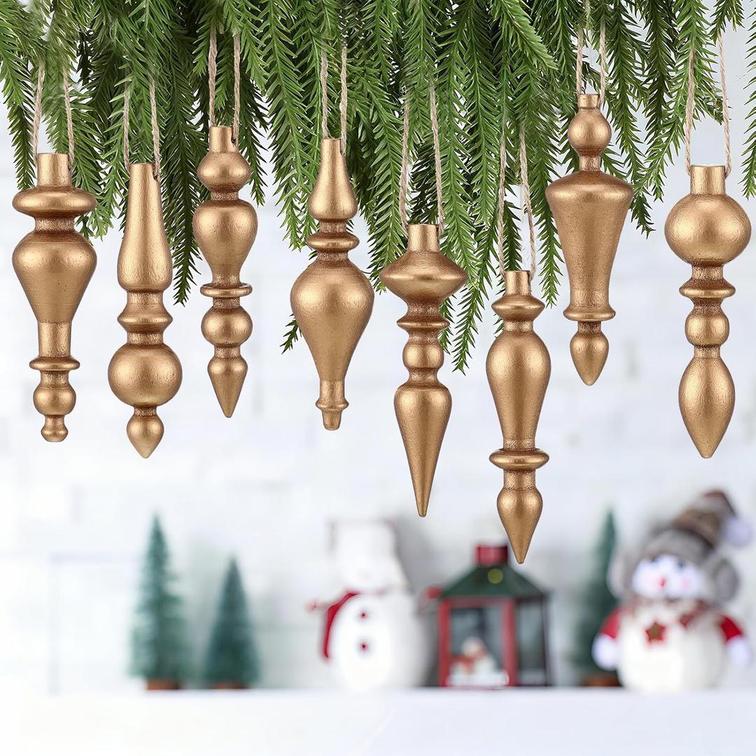 Namalu 8pcs Christmas Ball Drop Ornaments 4 Inch Wooden Simple Elegant Shatterproof Finial Christmas Decoration for Xmas Trees Drop Hanging Ornaments Wreaths Garland Mantel Shelf Decor (Gold)