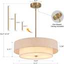 17.7" Modern Drum Chandelier, 2-Layer Linen Pendant Light Fixture
