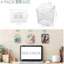Clear Adhesive Wall Storage Bins, 4 Pack Cabinet Door Organizer Holders, Hanging Wall Mount Pockets, Plastic Cups for Shower Bathroom Makeup Office Craft Remote Kitchen Sink RV Organization (Small)
