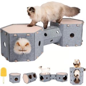 Cat Tunnel House for Indoor Cats, w/Hair Brush, DIY Expandable Modular Felt Pet Castle, Hidey Kitten Perch Condo, Large Stackable Kitty Cave, XL Two Story Sleeping Small Dogs Puppy Bed, 2 Tier Nest
