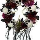 Haunted Hill Farm 24-In. Hanging Wreath with Skulls, Fall Flowers, and Vines, Front Porch Decor, Indoor or Covered Outdoor Halloween Decorations, Halloween Party Decorations for Door, Wall, or Windows