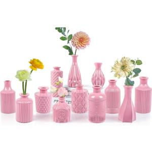 UPBUD Baby Pink Glass Bud Vases Set of 12, Mini Flower Vase for Centerpieces, Small Vases in Bulk for Wedding Decoration, Vintage Vase for Baby Shower Centerpieces, Home Dcor