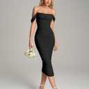 KUTUMAI Off Shoulder Corset Formal Wedding Guest Dresses for Women Elegant Bodycon Ruched Cocktail Party Midi Dress (Black, XL)