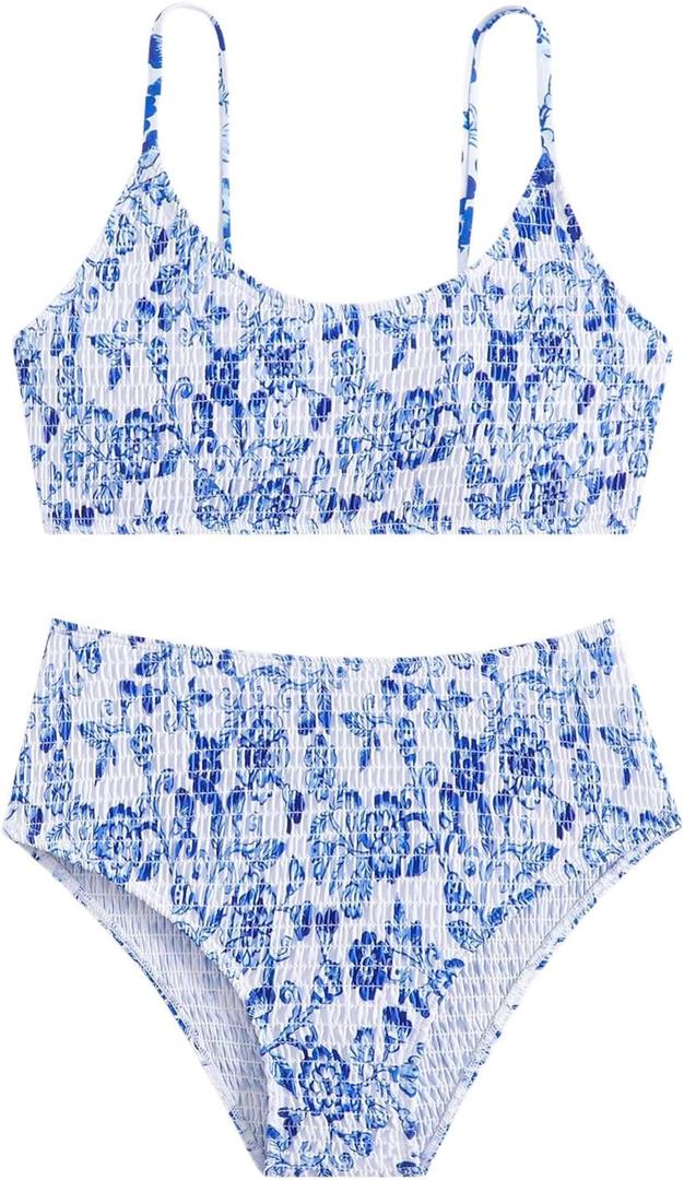 SOLY HUX Girl's Floral Print Bathing Suit Smocked Spaghetti Strap Bikini Set Two Piece Swimsuit (White and Blue)
