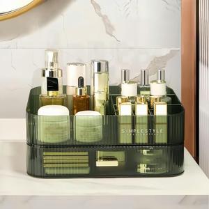 Makeup Organizer for Vanity, Large Desk Organizer with Stackable Drawer for Cosmetics, Skincare, Lipsticks, Eyeshadow Palette, Nail Care, Ideal Storage for Dresser and Bathroom Countertop-Green (1 Tray + 1 Drawer, Vintage Green)
