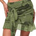 SEBOWEL Women Floral Mesh Mini Skirt Summer Ruffle Layered Sheer See Through Skirt Ruched Wrap Bodycon Sexy Short Skirts, Size S,M, Set of 2